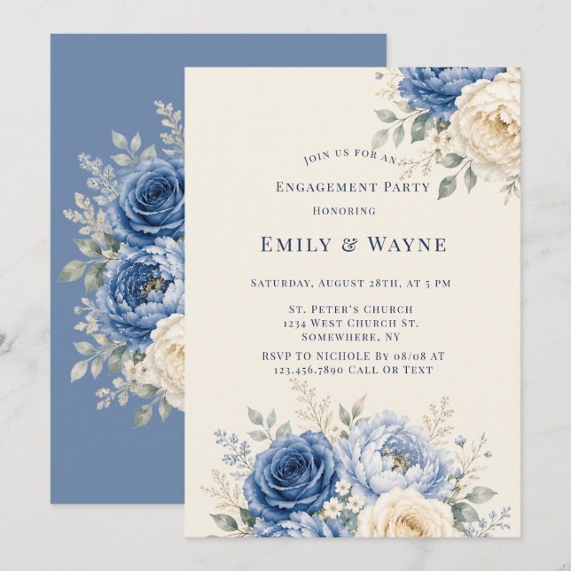 Invitation Fête de fiançailles florale rose bleue et crème (Devant / Derrière)