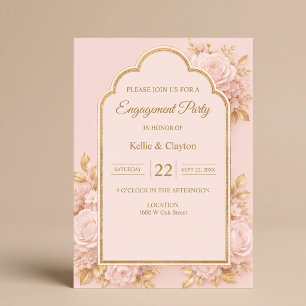 Invitation Fête de fiançailles florale rose et or