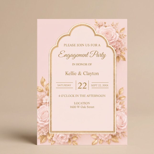Invitation Fête de fiançailles florale rose et or (Créateur téléchargé)