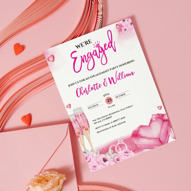 Invitation Fête de fiançailles florale rose romantique Fiancé (romantic engagement party invitations we're engaged modern elegant floral engaged couple watercolor )