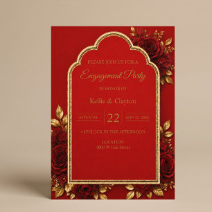 Invitation Fête de fiançailles florale rouge et or
