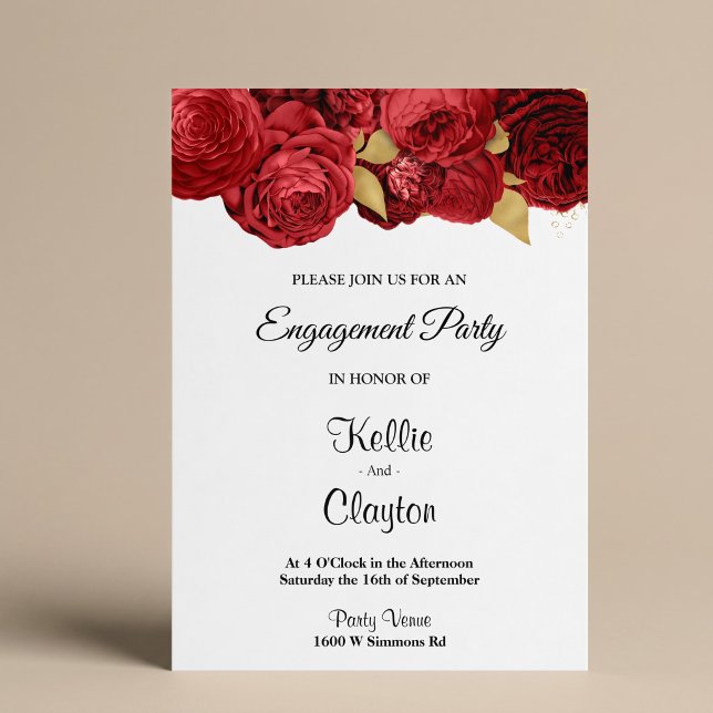 Invitation Fête de fiançailles florale rouge et or (Créateur téléchargé)