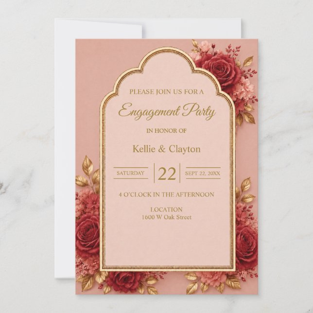 Invitation Fête de fiançailles florale rouge et or (Devant)