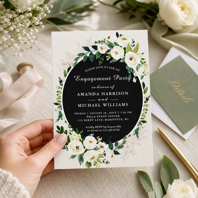 Invitation Fête de fiançailles florale verte et blanche (Créateur téléchargé)