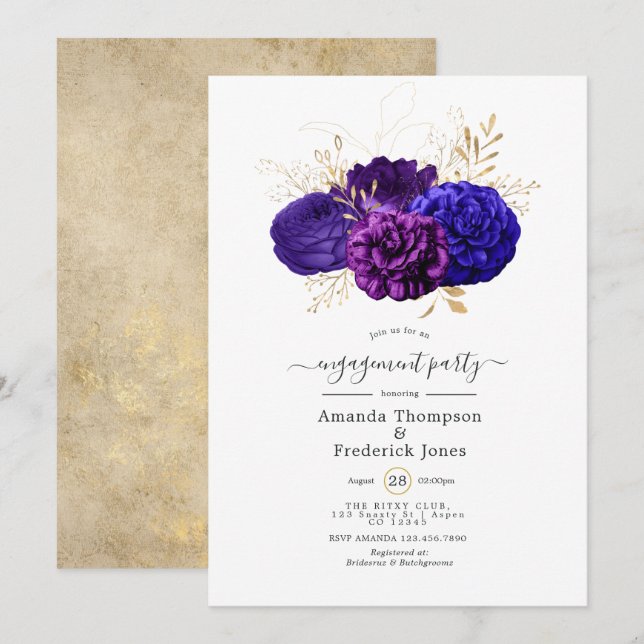 Invitation Fête de fiançailles florale violette, bleu royal e (Devant / Derrière)