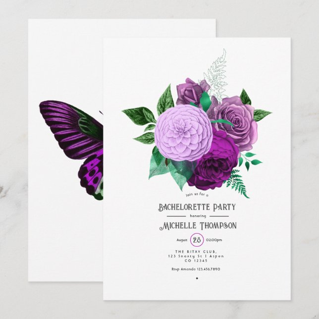 Invitation Fête de Fiançailles Florale Violette et Verte (Devant / Derrière)