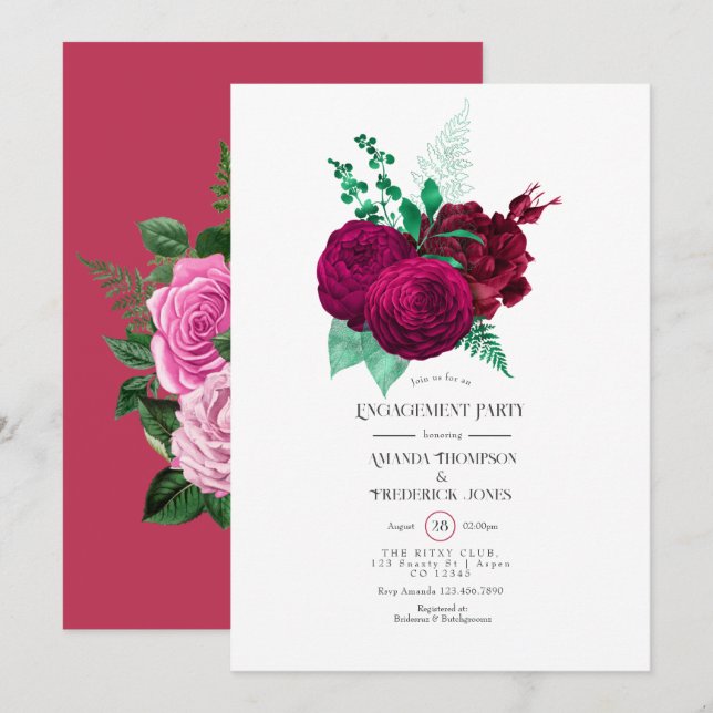 Invitation Fête de fiançailles florale Viva Magenta (Devant / Derrière)