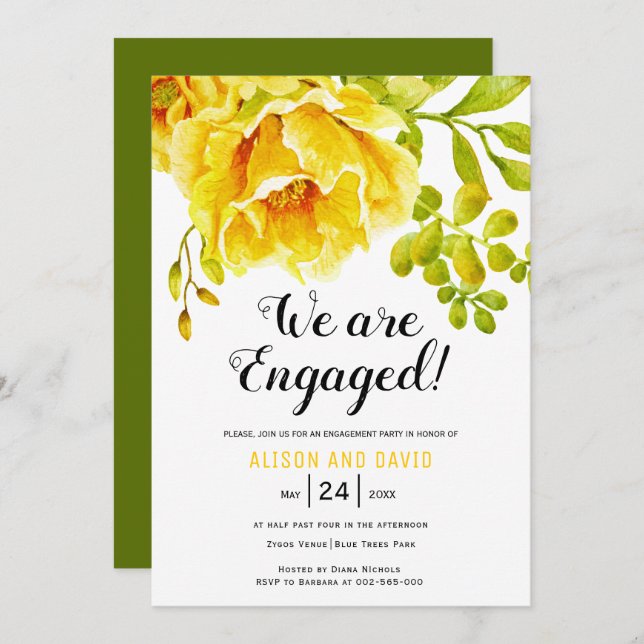 Invitation Fête de fiançailles florales de couleur jaune (Devant / Derrière)