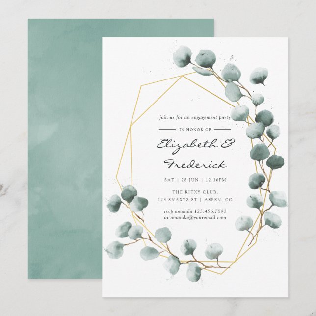 Invitation Fête de fiançailles géométrique à l'eucalyptus aqu (Devant / Derrière)