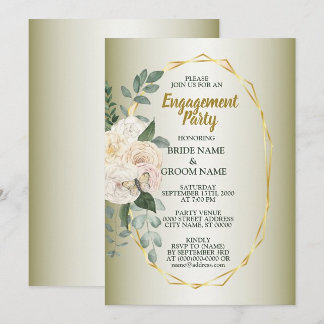 Invitation Fête de fiançailles géométrique florale verte or (Devant / Derrière)