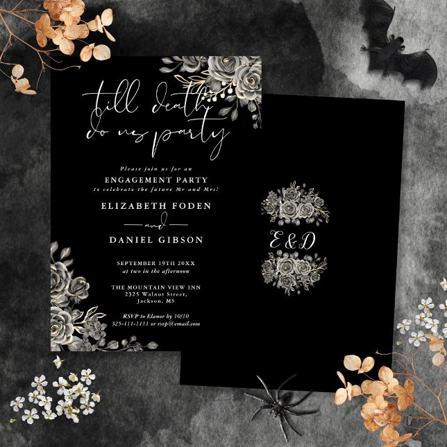 Invitation Fête de fiançailles gothique noir et blanc (Gothic Black And White Engagement Party Invitation)