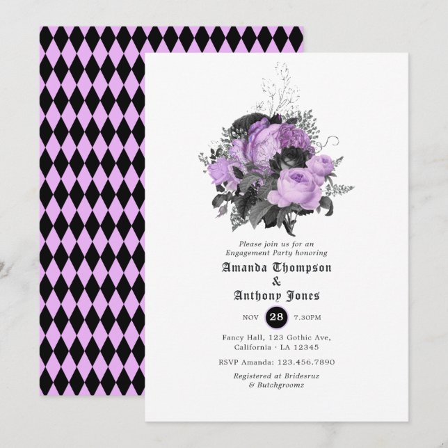 Invitation Fête de fiançailles gothique noir, violet et argen (Devant / Derrière)