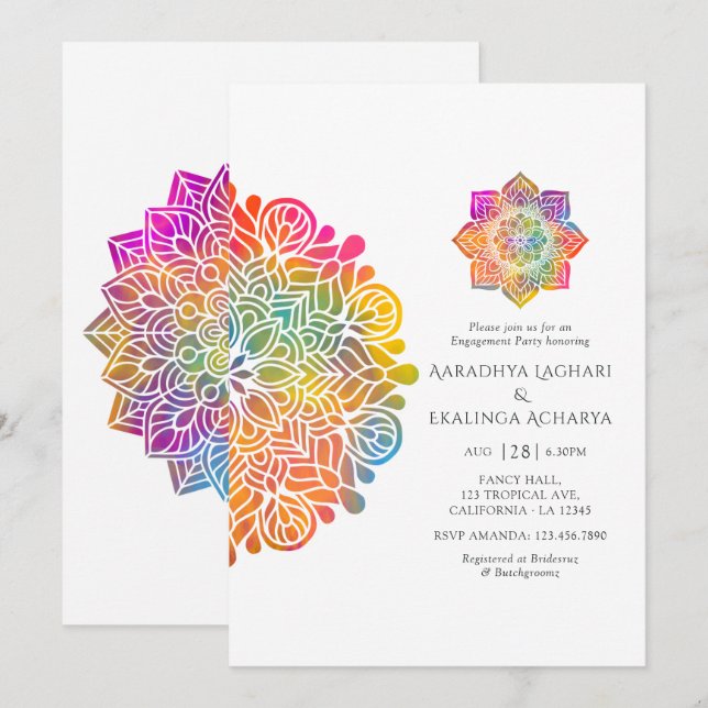 Invitation Fête de fiançailles indienne Mandala Arc-en-ciel (Devant / Derrière)