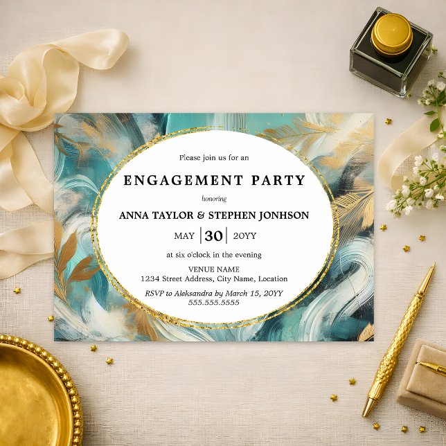 Invitation Fête de fiançailles Luxe Turquoise Or à coups de p (Créateur téléchargé)