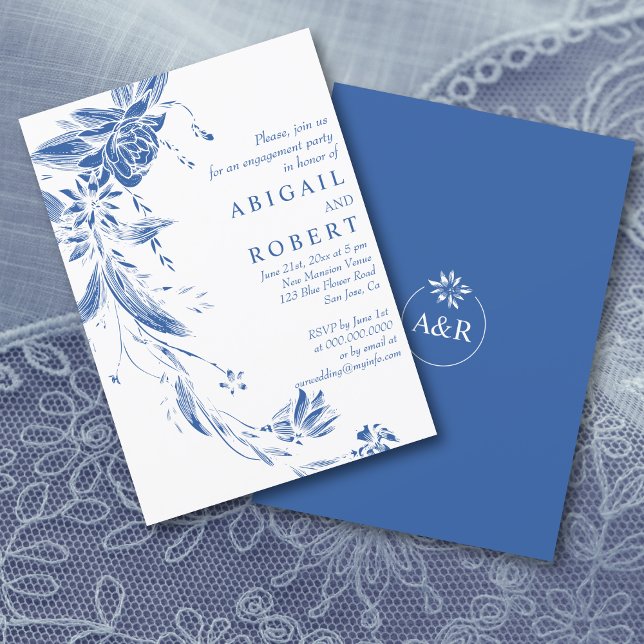 Invitation Fête de fiançailles mariage aux fleurs bleues et b (Créateur téléchargé)