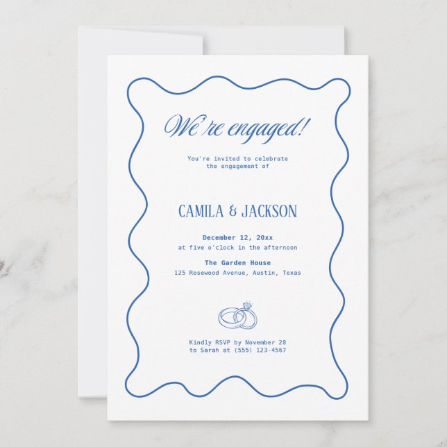 Invitation Fête de fiançailles mariage blanc et bleu (Devant)