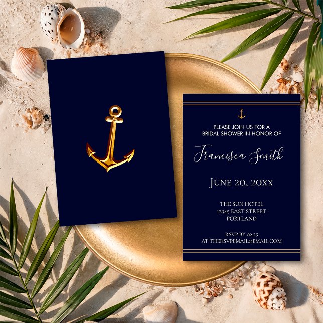 Invitation Fête de fiançailles marine bleu nuit Ancre Dorée (Créateur téléchargé)