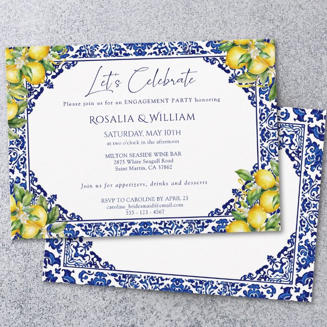 Invitation Fête de Fiançailles Méditerranéenne Carrelage Bleu (Créateur téléchargé)