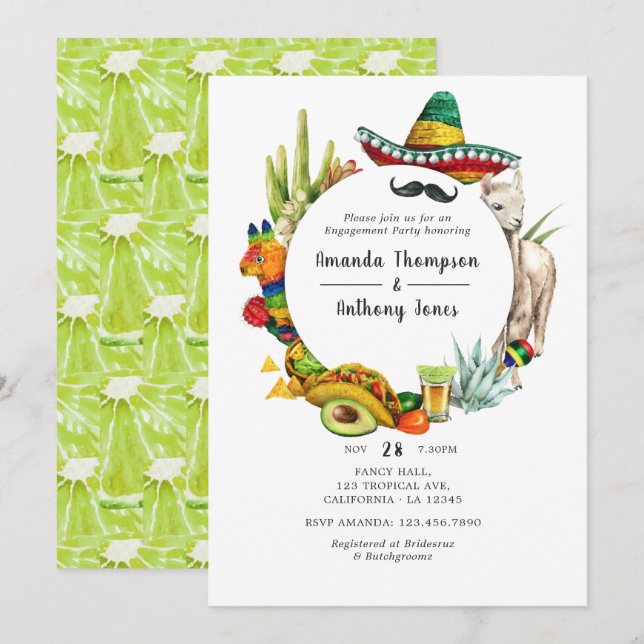 Invitation Fête de fiançailles mexicaine à l'aquarelle (Devant / Derrière)