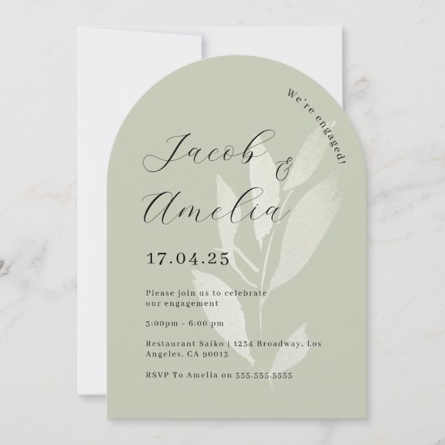 Invitation Fête de fiançailles moderne à l'arche de feuille d (Devant)