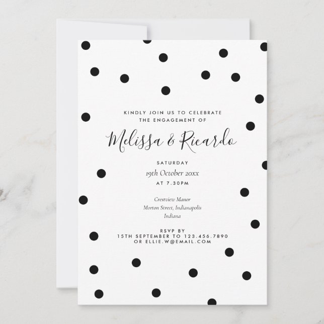 Invitation Fête de fiançailles moderne à pois noirs et blancs (Devant)