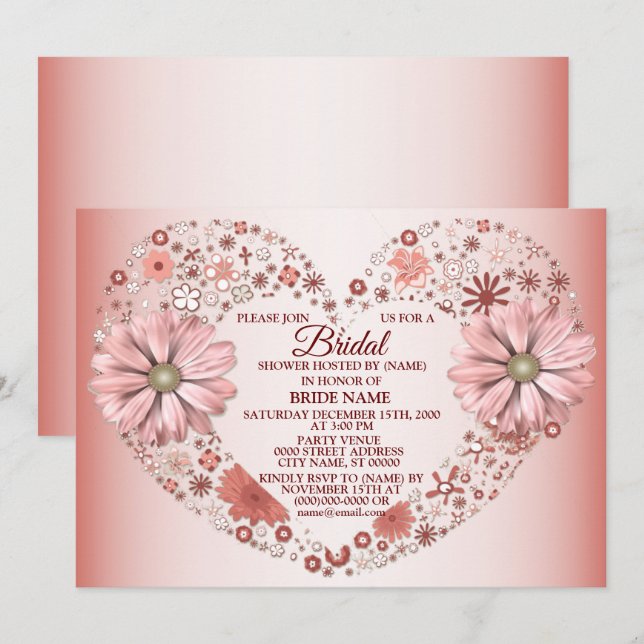 Invitation Fête de Fiançailles Moderne au Coeur Floral de Pêc (Devant / Derrière)
