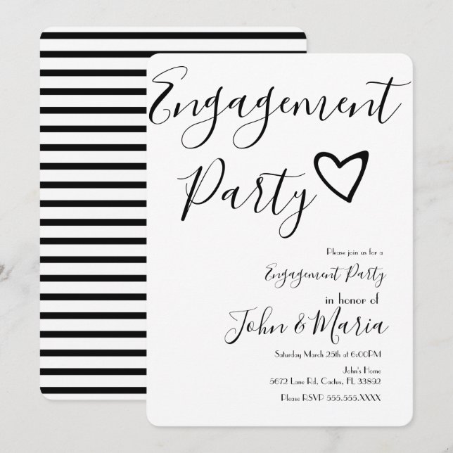 Invitation Fête de fiançailles moderne avec rayures noires et (Devant / Derrière)