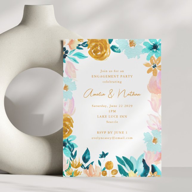 Invitation Fête de fiançailles moderne florale aquarelle Bohè (Créateur téléchargé)
