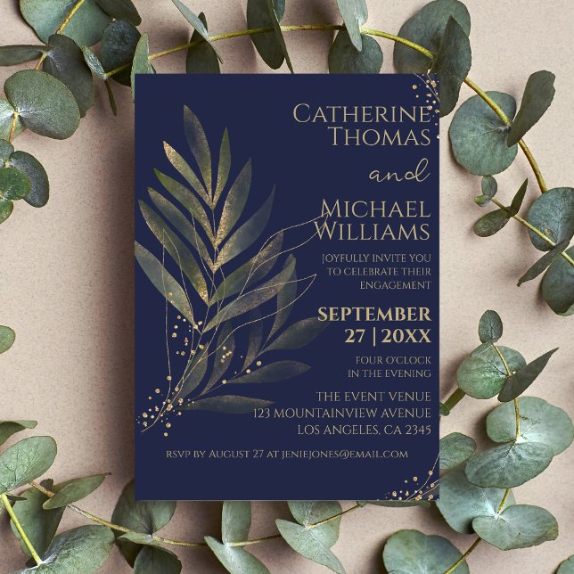 Invitation Fête de fiançailles Moderne Navy Blue Gold Leaf (Créateur téléchargé)