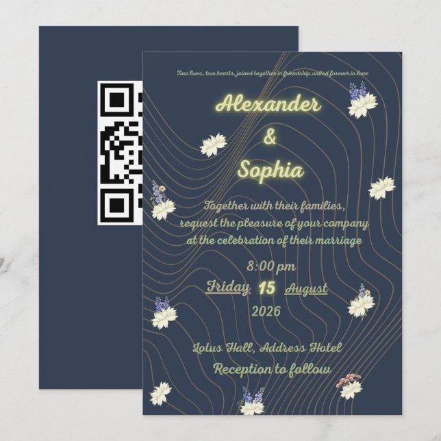 Invitation Fête de fiançailles moderne Navy & fleurs blanches (Devant / Derrière)