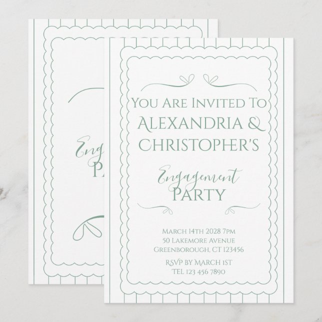 Invitation Fête de Fiançailles Moderne Vert et Blanc (Devant / Derrière)