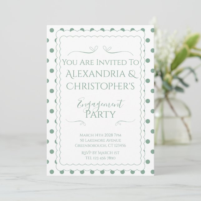 Invitation Fête de Fiançailles Moderne Vert et Blanc à Points (Debout devant)