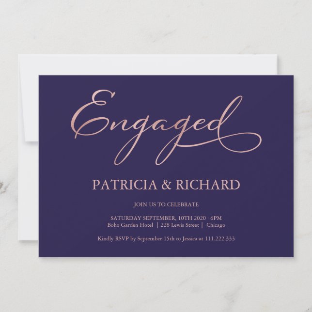 Invitation Fête de fiançailles Navy Blue Rose Gold Script (Devant)