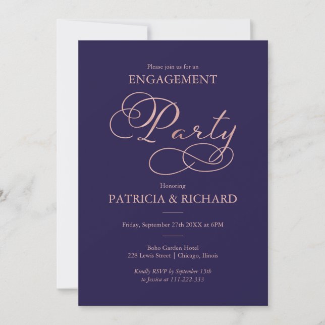 Invitation Fête de fiançailles Navy Blue Rose Gold Script (Devant)