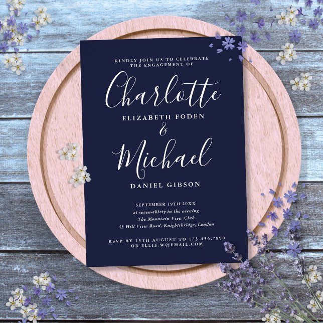 Invitation Fête de fiançailles Navy Blue Signature Script  (Navy Blue Signature Script Engagement Party Invitation)