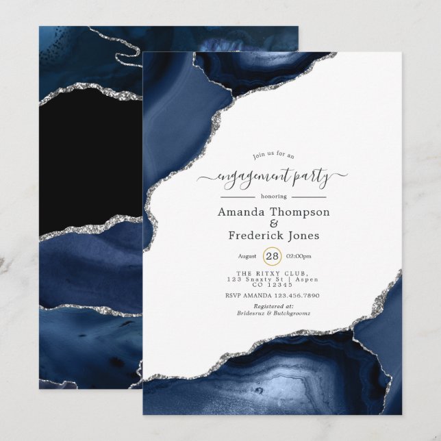 Invitation Fête de fiançailles Navy et Agate argentée (Devant / Derrière)