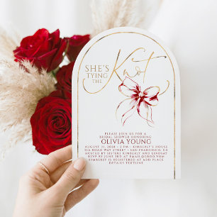 Invitation Fête de Fiançailles Nœud Rouge Doré Elle Noue le N