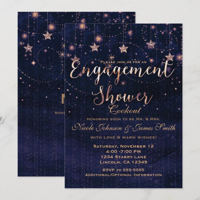 Invitation Fête de Fiançailles Nuit Étoilée Violet & Or (Devant / Derrière)