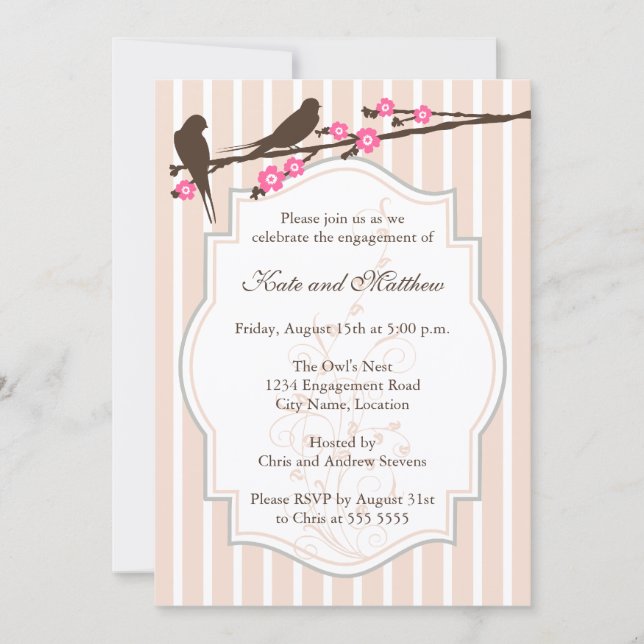 Invitation Fête de fiançailles oiseaux sur branche fleurie (Devant)