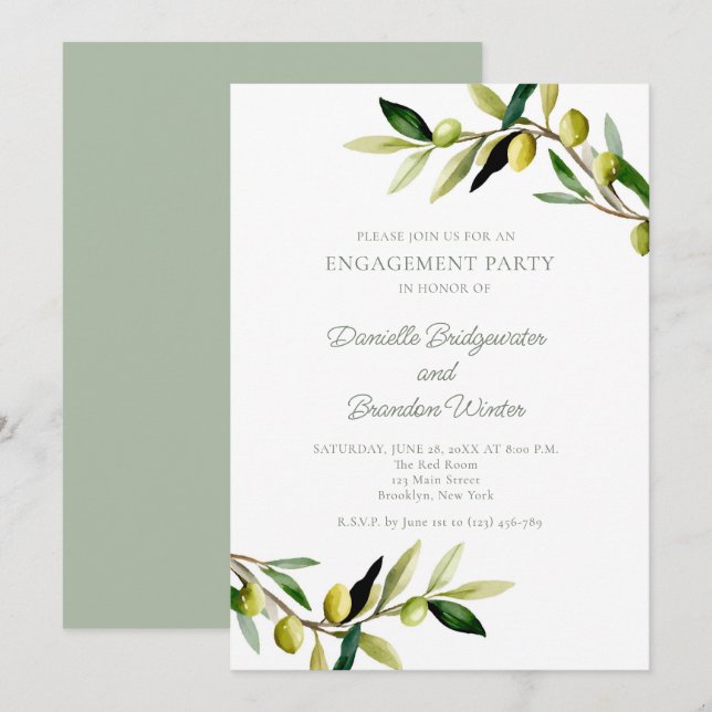 Invitation Fête de Fiançailles Olives Italiennes Botanique d' (Devant / Derrière)