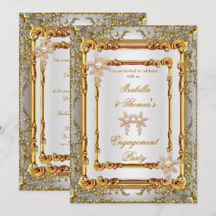 Invitation Fête de fiançailles Or Blanc Damassé Fleurs