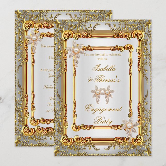 Invitation Fête de fiançailles Or Blanc Damassé Fleurs (Devant / Derrière)