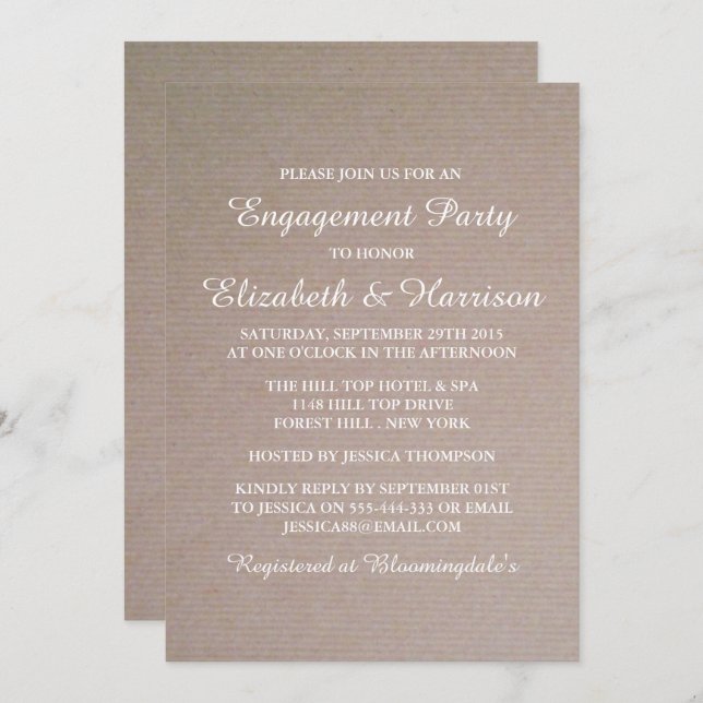 Invitation Fête de fiançailles ou douche de Kraft de campagne (Devant / Derrière)