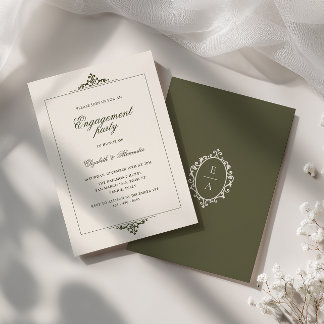 Invitation Fête de fiançailles ovale crest old money vert oli