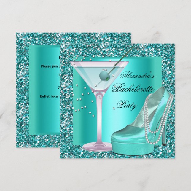Invitation Fête de Fiançailles Pailletée Aqua Bleu Turquoise (Devant / Derrière)