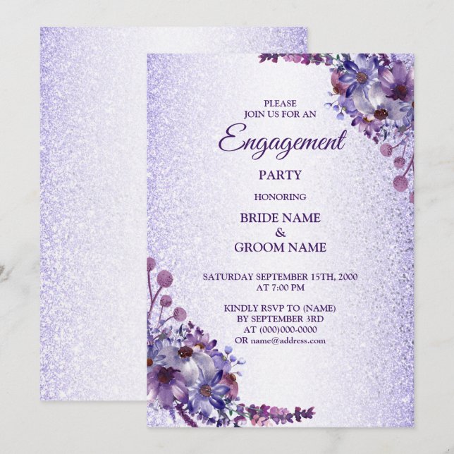 Invitation Fête de fiançailles pailletée florale bleu violet  (Devant / Derrière)