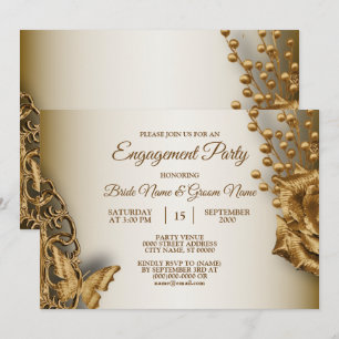 Invitation Fête de Fiançailles Papillon Floral Doré Vintage