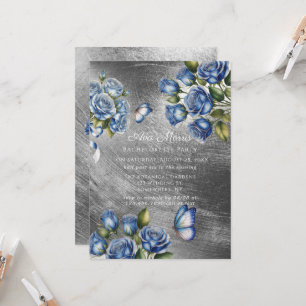 Invitation Fête de Fiançailles Papillon Roses Bleues Argent
