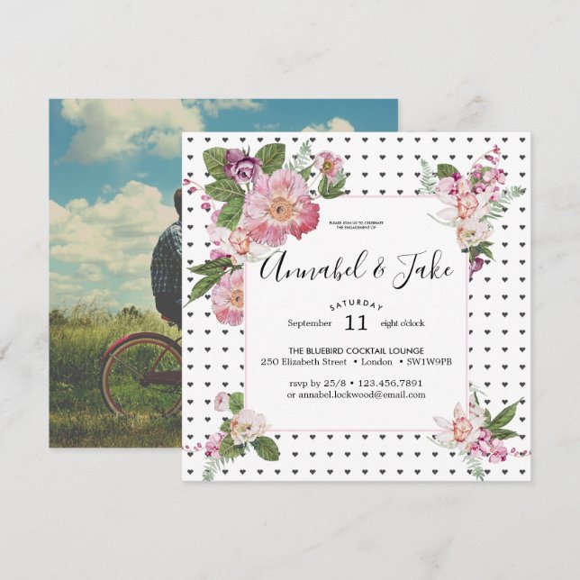 Invitation Fête de Fiançailles Photo Florale Rétro (Devant / Derrière)