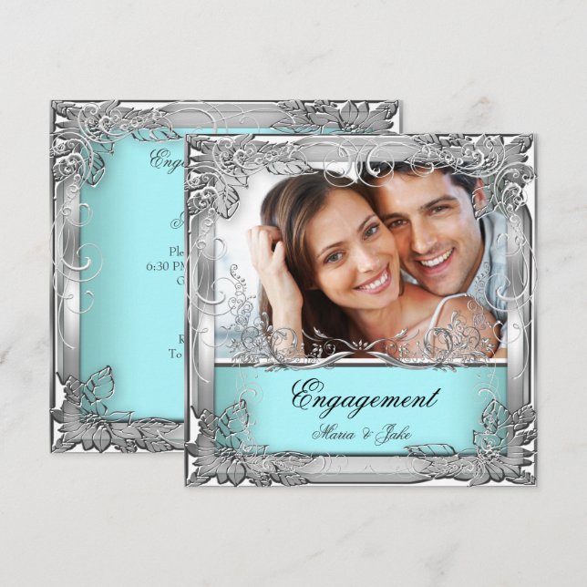 Invitation Fête de Fiançailles Photo Teal Blanc Argent (Devant / Derrière)